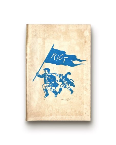 Let's Riot - Blue Limited edition print on vintage book paper, blue ink, two boys run and shout with a flag which says "RIOT"