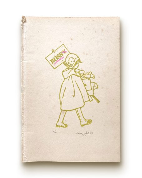 The Boss Limited edition print, vintage book paper, green ink with pink hand finishing, a girl with sign that once read "bossy" but now reads "boss"