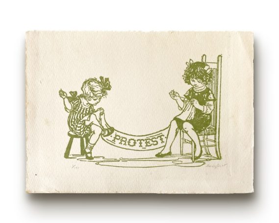 Cross Stitches Limited edition print on vintage book paper, green ink, two girls stitch a banner which says "PROTEST"