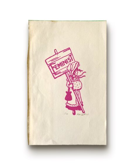 The Little Feminist Limited edition print on vintage book paper, pink ink, vintage style illustration of girl holding a placard with "FEMINIST" written upon it
